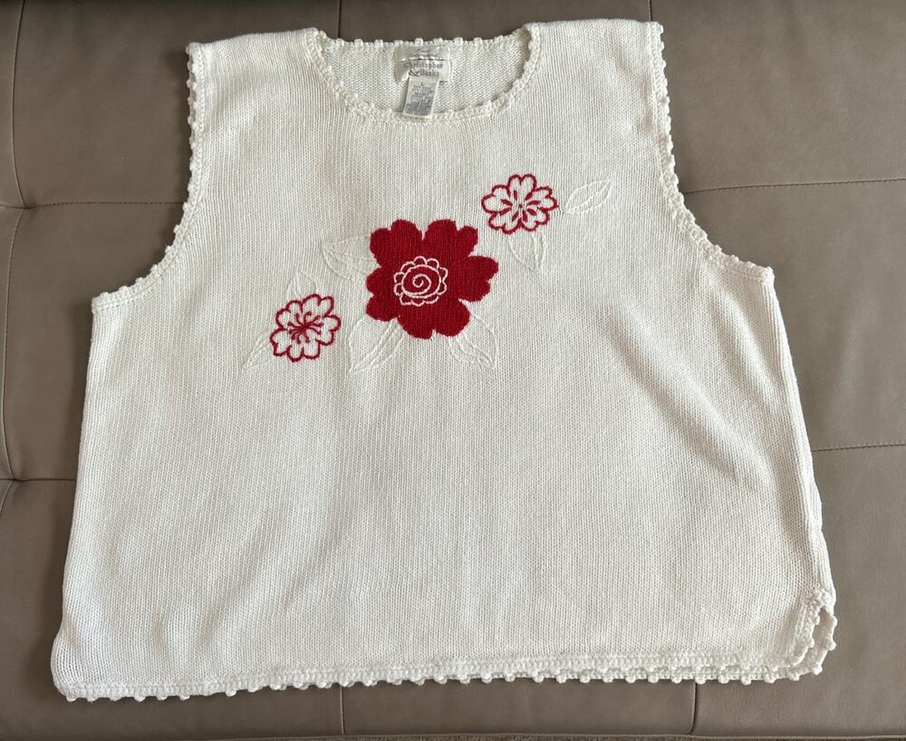Christopher & Banks Women's L White Hand Embroidered Floral Tank Top